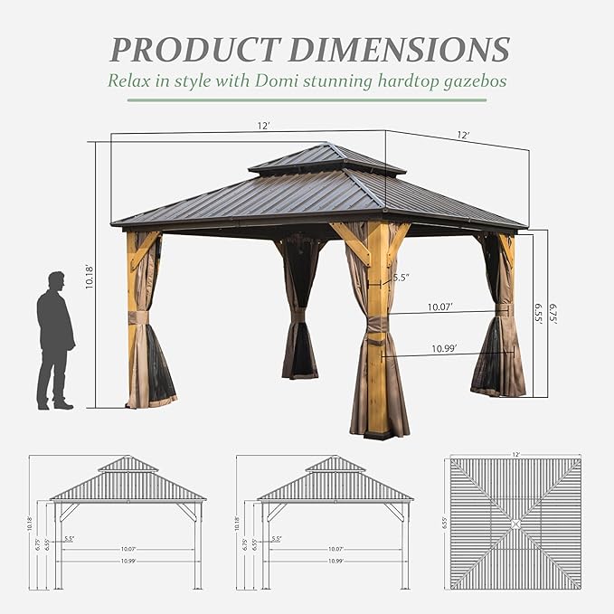 Domi 12' X 12' Wood Gazebo, Cedar Frame Hardtop Gazebo with Galvanized Steel Double Roof, Netting & Curtains, Patio Pergola Pavilion for Patio, Backyard, Deck, Lawns