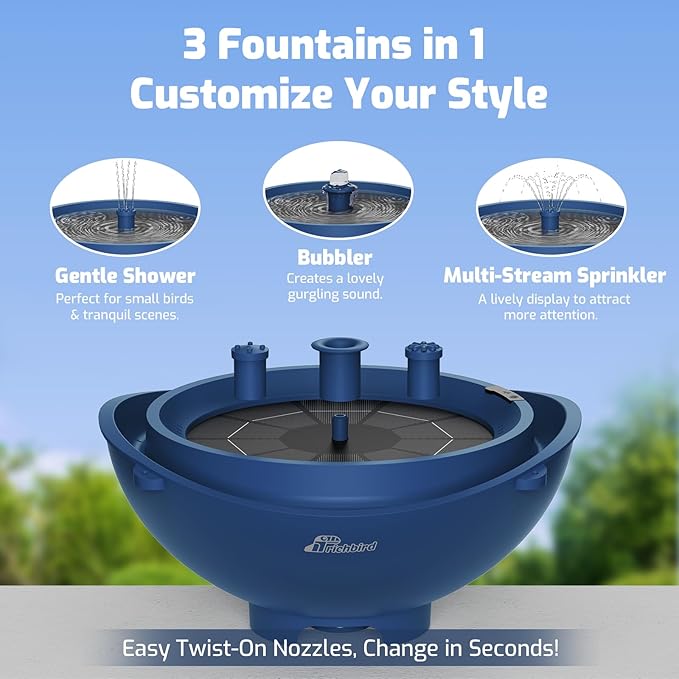 Solar Bird Bath Fountain with Battery, 3-in-1 Hanging & Freestanding Birdbath with Low-Water Protection & 3 Nozzles for Garden, Patio Decor (Deep Blue)