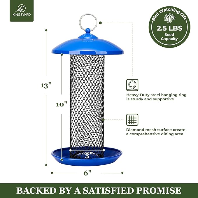 Kingsyard Mesh Tube Bird Feeders for Outdoors Hanging, All Metal, Wild Bird Feeder for Sunflower Seeds or Mealworm, Large Tray & Weatherproof Roof, 2.5 lbs Capacity (Blue)