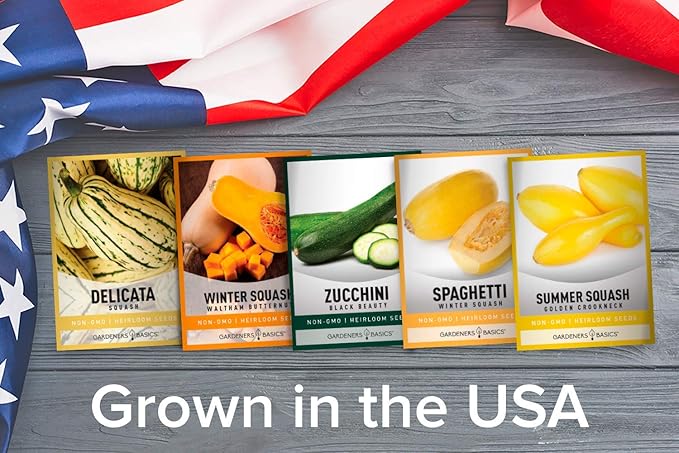 Gardeners Basics, Squash Seeds for Planting 5 Individual Packets - Zucchini, Delicata, Butternut, Spaghetti and Golden Crookneck for Your Non GMO Heirloom Vegetable Garden
