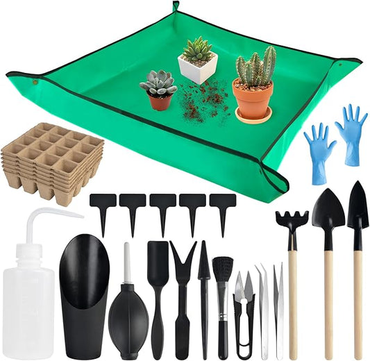 26PCS Succulent Tools Set, Indoor Gardening Tools Kit Includes 39" Plant Repotting Mat & 19 Pcs Mini Succulent Hand Tools & 96 Cells Seed Starter Trays for Indoor Plant Care Gifts