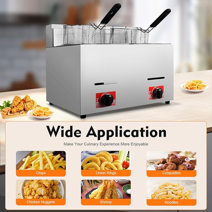 Stainless Steel Deep Fryer with Frying Baskets and Lid, 12.7QT/12L Capacity Countertop Deep Fryer Oil Frying Pot Kitchen Frying Machine Table Snack Fryer Double Cylinder Gas Fryer (LPG)