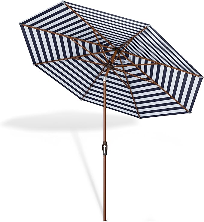 Midtown Umbrellas Wooden 2-8 Feet Outdoor Patio Umbrella, Terylast Navy & White Stripes Fabric, Aluminum Frame For Backyard Umbrella, Deck Umbrella, Garden Umbrella & Pool Umbrella - Wooden Pole