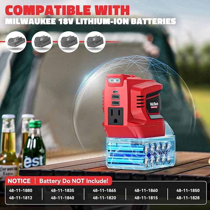Real 200W Power Inverter Compatible with Milwaukee 18V, VoLtTech Battery Inverter 18V to 110V-120V, Phone Charger USB Charger Adapter with 2 USB Ports & 1 Type-C & 1 AC Outlet (No Battery)