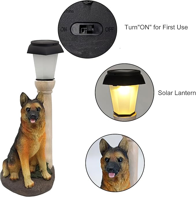 Solar Dog Garden Statues with Lantern, Resin German Shepherd Sculpture with Warm White Light for Outside Lawn Porch Patio