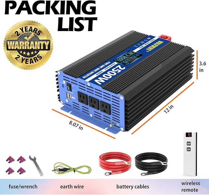 2500W Pure Sine Wave Power Inverters DC 12V to AC 110V 120V with Type-C Port 3 AC Outlets Dual USB Ports LCD Display Remote Controller, 2500 Watt Continue Power Converter for Home RV Solar Car…