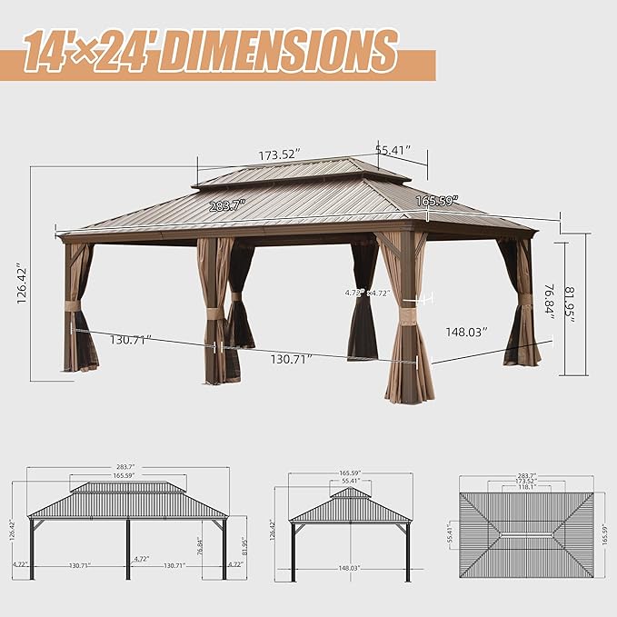 Domi 14' X 24' Hardtop Gazebo Large Outdoor Metal Gazebo Canopy with Galvanized Steel Double Roof, Aluminum Frame, Curtains and Netting for Patio, Deck, Garden, Brown