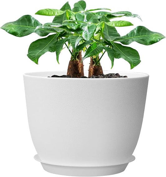 12inch Large Plant Pot, Modern Plastic Planter with High Driange Holes and Saucer for Indoor Outdoor Garden Plants and Flowers, White