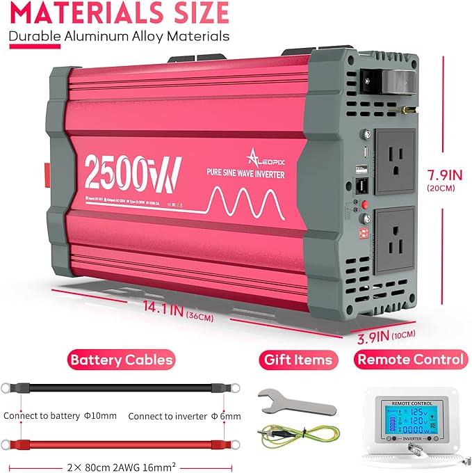 2500 Watt Pure Sine Wave Power Inverter 12V DC to 110V 120V Converter for Home, RV and Off-Grid Solar Systems with Type-C Port, 2 AC Outlets, Dual USB Ports, Remote Control with LCD Screen