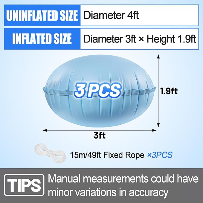 3pcs Pool Air Pillows for Above Ground Pools - 4ft Dia. Winter Closing Winterizing Kit with Ropes, Thicken PVC Ice Equalizer Support, Swimming Pool Patio Furniture Cover Airbag