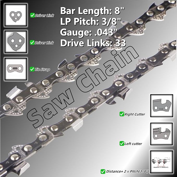 (2PK) 8 Inch Replacement Chainsaw Chain - 3/8" LP Pitch .043" Gauge 33 Drive Links – 8 in Pole Saw Chains R33 Replaces for Ryobi P4360, RY43160, P4361 / Worx WG349 WG349.9 and More