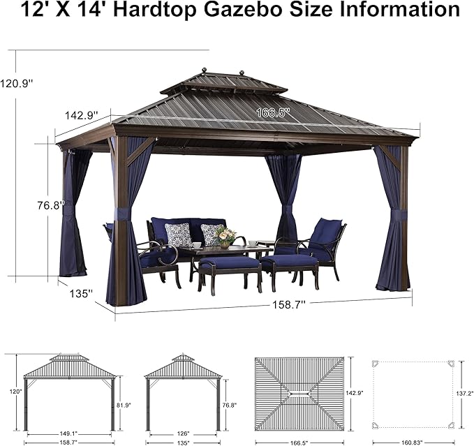 PURPLE LEAF 12' X 14' Hardtop Gazebo Canopy with Curtains and Netting for Patio Deck Backyard Heavy Duty Sunshade UV Protection Metal Outdoor Permanent Pavilion