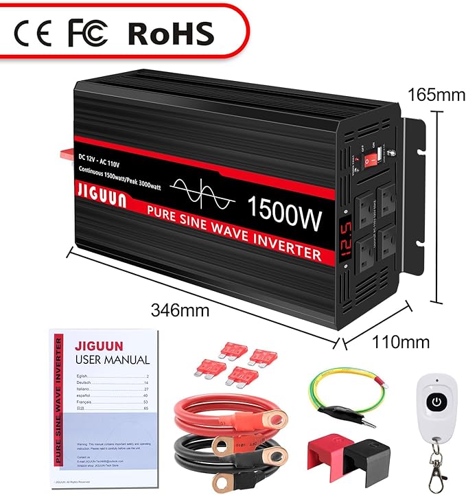 JIGUUN 3000W PeakPure Sine Wave Power Inverter 1500 Watt,12v DC to 110/120v AC Inverter 3 AC & USB Output,Power Converter LED Display for Home RV Camping Outdoor Car Truck