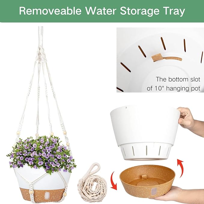 QCQHDU 2 Pack Hanging Planters for Indoor Plants, Outdoor Hanging Baskets, Self Watering Pots with Drainage Holes & Removable Tray (Dark Grey, 10 inch, Macrame Hanger)