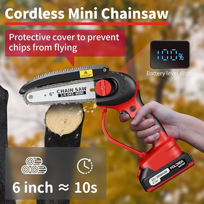 Cordless Mini Chainsaw 6-Inch with Electronic Oil Outlet & LCD Display, 900W 2000mAh Battery, Portable Handheld Electric Chainsaw for Tree Cutting, Courtyard, Garden (2 Batteries Included)