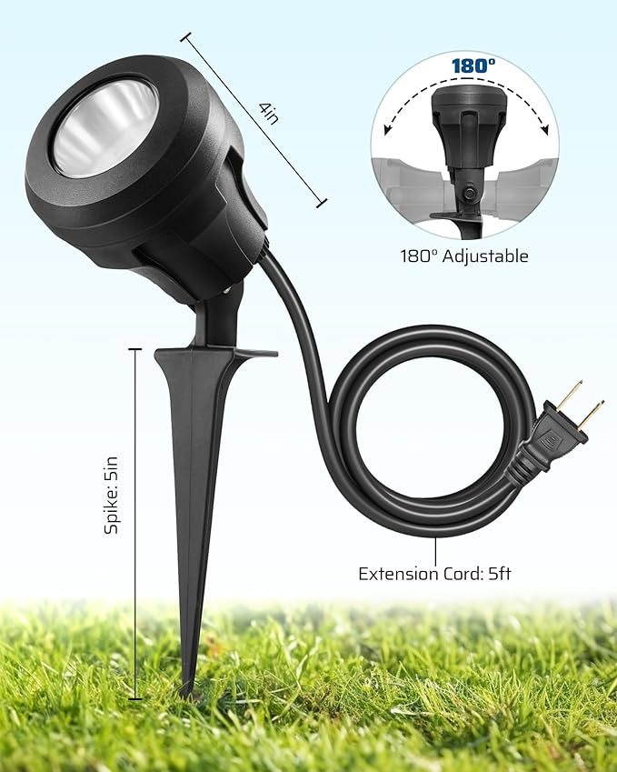 DEWENWILS 120V LED Outdoor Spotlight Halloween, 3 Extra Lenses (Red Green Yellow), 4.8W 5000K Plug in Spotlight, Waterproof Landscape Light for Yard, Tree Flag, Holiday, 5FT Extension Cord, UL Listed