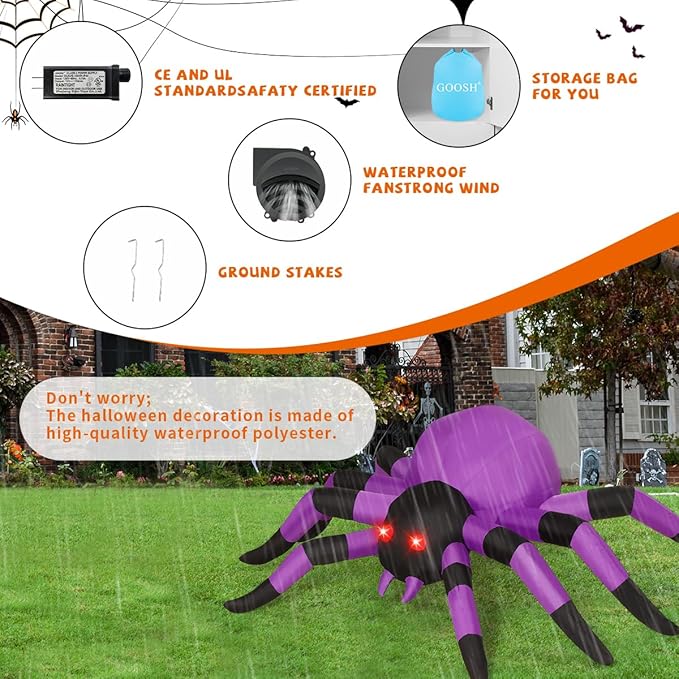 GOOSH 6.7 FT Width Halloween Inflatable Spider Outdoor Decoration with Magic Light, Blow Up Yard Inflatables Holiday Inflatables for Outdoor Yard Garden Lawn Decor