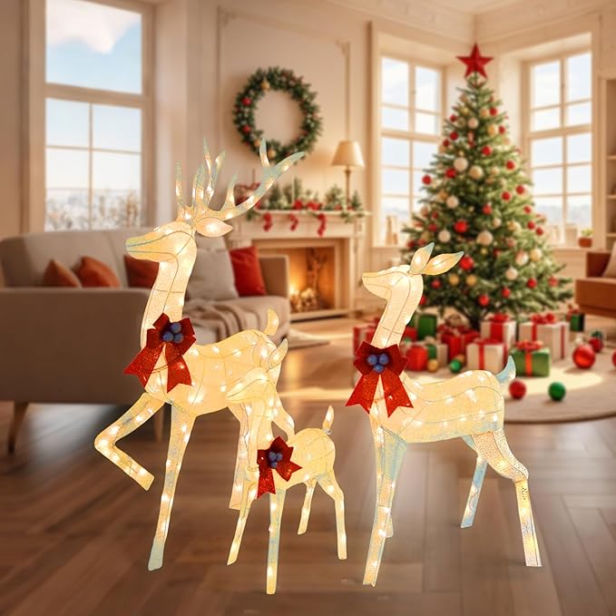 Outdoor Christmas Deer Decor 3-Piece Set, 5 FT Large Reindeer Family (Buck/Doe/Fawn) with 210 Warm White LEDs, Cotton Twine & Iron, Weatherproof Holiday Lights for Yard, Garden, Party, White