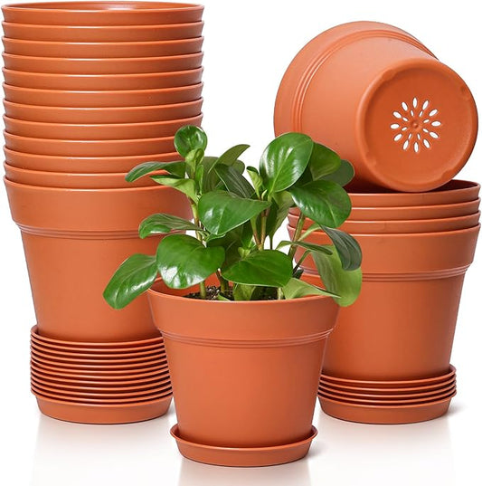 T4U 5 Inch Plastic Planters 18-Pack Small Plant Pot with Drainage Hole and Saucer, Decorative Nursery Flower Pot Bulk for African Violet, Aloe and All House Plants Indoor (Terracotta)