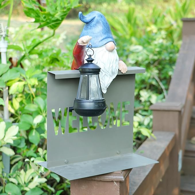Garden Gnome Statues Outdoor Decor, Solar Gnome Sculpture Holding Lanterns Garden Gnomes Outdoor Decorations with Welcome Fence Base for Patio, Lawn, Yard Ornaments, Housewarming Gifts