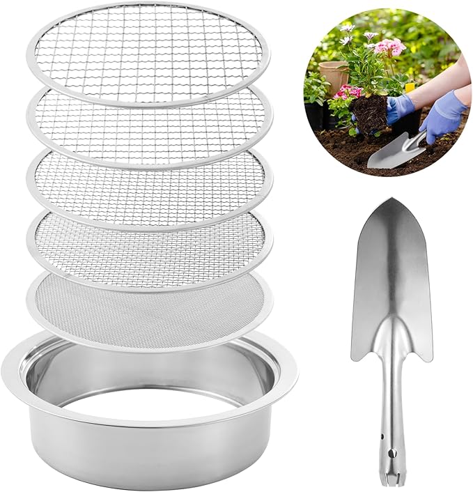 Soil Sifter Stainless Steel Riddle Sieve Set for Gardening with 5 Sizes 8" Diameter 1/3/6/9/12mm Interchangeable Meshes - Garden Potting Sieves with Shovel - Planting Soil Sifters Strains