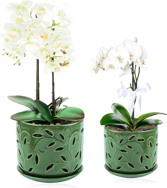 Set of 2 Orchid Pots with Holes & Saucers for Orchid Root Health, 5 inch&6 inch Ceramic Pots for Plants (Patina)