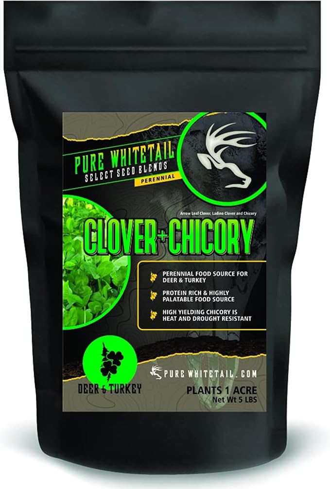 | Clover/Chicory | Select Seed Blends | All Season Whitetail Deer and Turkey Perennial Food Plot Seed | Drought Resistant | Easiest Turkey and Deer Feeders | Plants 1/4 Acre | 5 lb Bag
