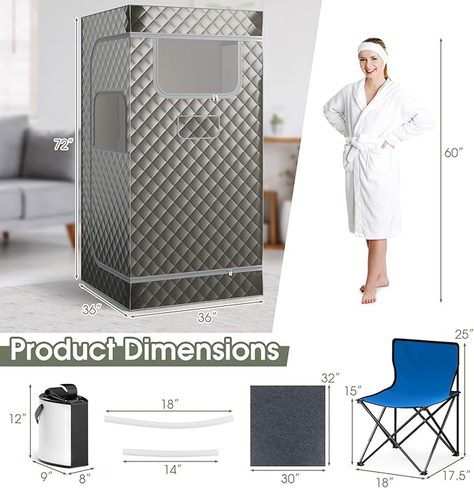 COSTWAY Portable Steam Sauna, Personal Home Sauna Tent w/ 3L Steam Generator, Foldable Chair, Remote Control, 9-Level Adjustable Temperature, Timer, Full-Size Indoor Steam Room for Home Spa (Grey)