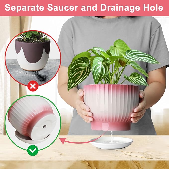 6.7 + 5.5 Inch Plant Pot, Ceramic Planter with Drainage and Saucer, Ceramic Pots for Plants, Indoor Plant pots,Ceramic Flower pots(Pink + White, Plants NOT Included)