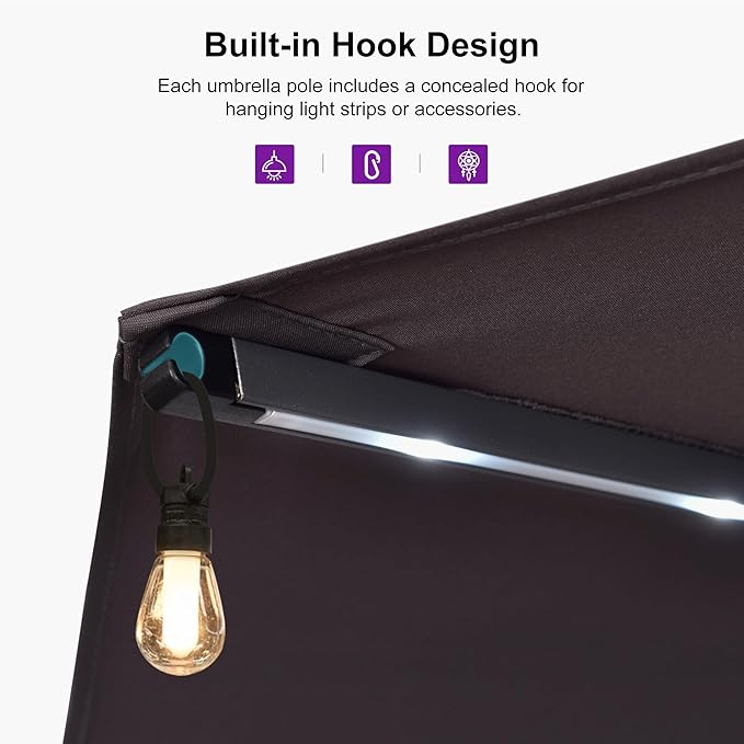 PURPLE LEAF 14ft Patio Umbrella with Solar Lights Outdoor Double-Side Market Umbrella with Base Included Rectangle Table Umbrella for Pool Garden Backyard, Light Grey