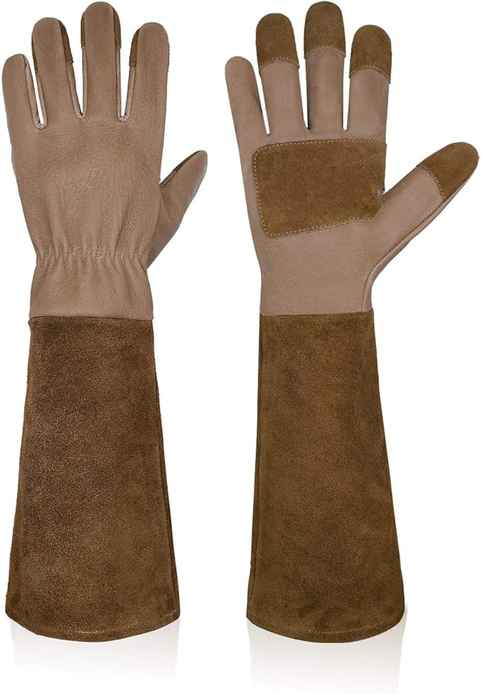 HANDLANDY Long Gardening Gloves for Men & Women, Cowhide Leather Rose Pruning Gloves- Breathable & Durable Gauntlet Gloves (Small, Brown)