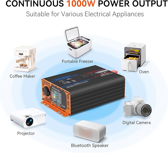 1000W Pure Sine Wave Inverter, Car Power Inverter 12V to 110V 120V, DC to AC Converter Generator with AC Outlets 3.0A USB Type-C, Remote Controller LCD Display Truck Inversor for Vehicles, RV