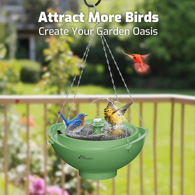Solar Bird Bath Fountain with Battery, 3-in-1 Hanging & Freestanding Birdbath with Low-Water Protection & 3 Nozzles for Garden, Patio Decor (Forest Green)