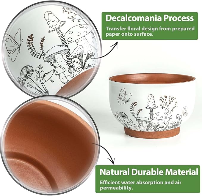 YBX 8 Inch & 6 Inch Terracotta Pots, Plant Pots Indoor, Flower Pots for Indoor Plants with Drainage, Planters with Mushroom Accent for Indoor Plants (Cottage)