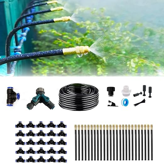 New drip Irrigation kit, Automatic Garden Watering System, Quick Connector and 360-degree Bending Dropper atomizing Copper Nozzle, Garden Plant Lawn Courtyard Watering System. (25spray nozzles)