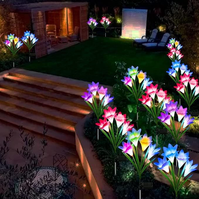 ZYLiWoo-Solar Flower Lights, 6 Pack Outdoor Lily Flower Lights, Multi Color Changing LED 24 Flowers Lily Flower Solar Garden Stakes Flower Lights, for Patio, Lawn, Garden, Yard Decoration