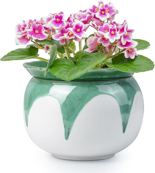 Self Watering Pots for Indoor Plants, 6 Inch African Violet Pots, Easy Plant Self Watering Planter, Ceramic Plant Pot with Absorbent Inner Pot for Flowers,Flower Pots - Gradient Green