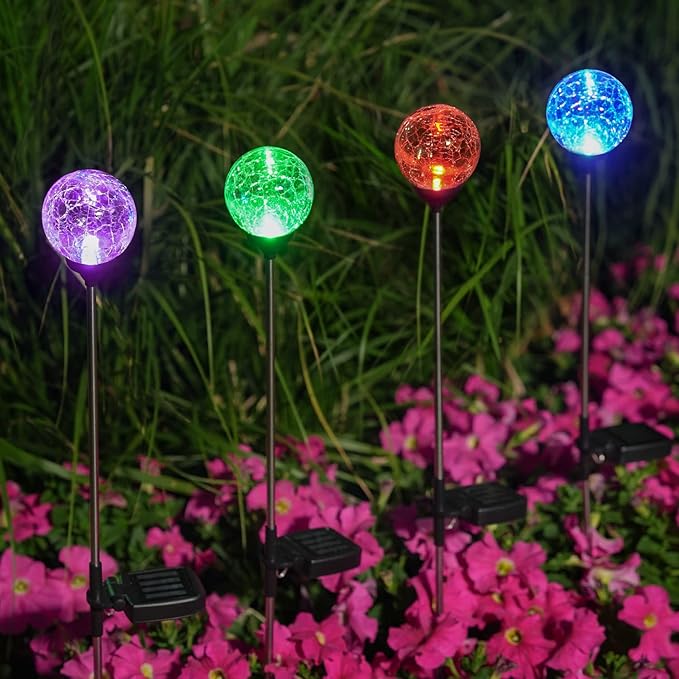 OxyLED Solar Globe Lights Outdoor 4 Pack Garden Stake Lights Waterproof Cracked Crystal LED Color Changing Solar Pathway Lighting Auto On/Off for Landscape Patio Yard Christmas Decoration