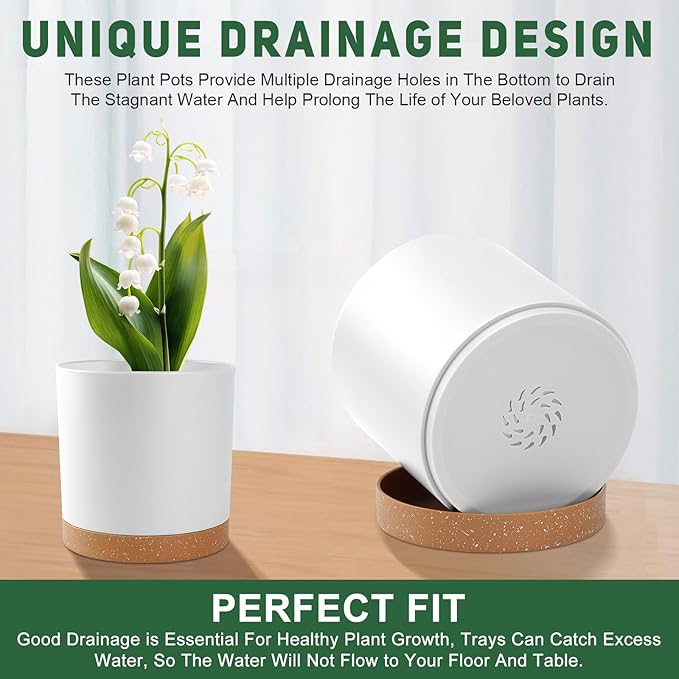 Plant Pots – 7/6.5/6/5/4 Inch Plastic Planters with Drainage Holes and Saucers, Flower Pots for Indoor and Outdoor Plants (White)