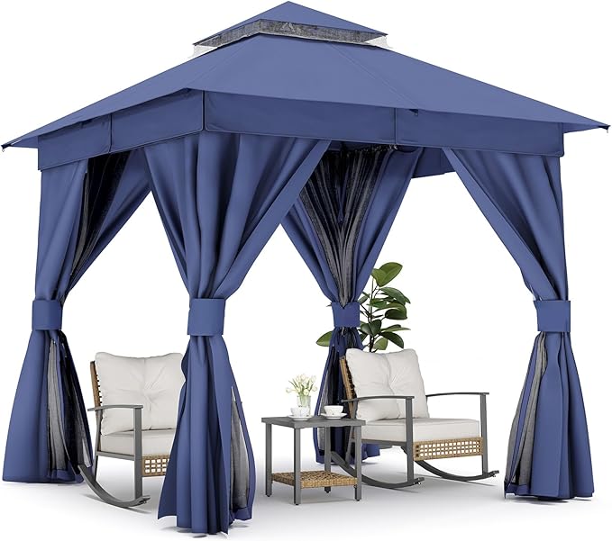 LAUSAINT HOME Outdoor Patio Gazebo 8'x8' with Expansion Bolts, Heavy Duty Gazebos Shelter Party Tent with Double Roofs, Mosquito Nettings and Privacy Screens for Backyard, Garden, Lawn, Navy Blue