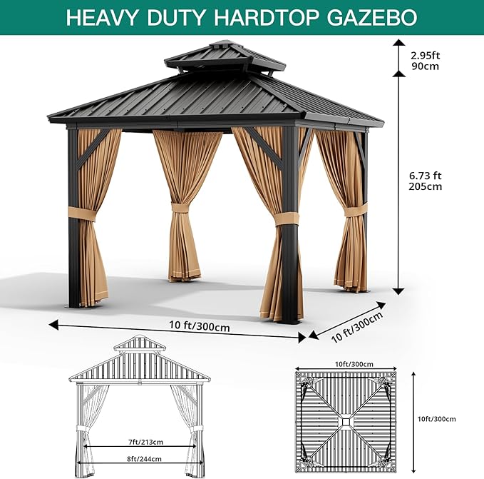 Outdoor Gazebos Canopy 10 x 10 ft Permanent with High Strength Aluminum Frame, Iron Double-Roof, Pavilion with Curtain and Netting for Patio, Lawn, Deck, Garden