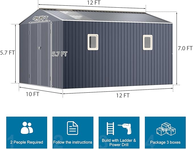 Metal Storage Shed 10x12 FT Reinforced Frame with Unique Clear Roof Skyview Windows Air Vents Door for Outside Garden Patio Lawn Backyard to Store Bikes,Lawnmower,Garage,Dark Grey Large