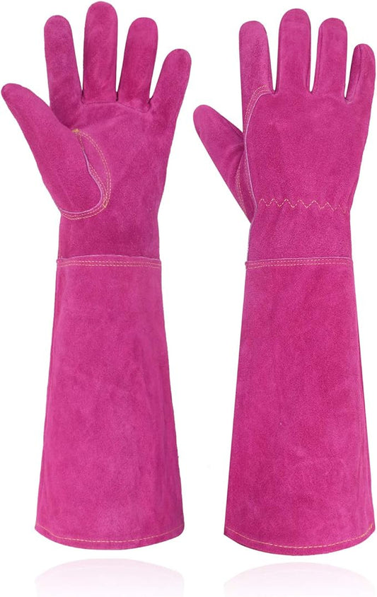 HANDLANDY Ladies Thorn Proof Gardening Gloves, Long Gauntlet Heavy Duty Garden Gloves, Elbow Length Women Leather Rose Pruning Gloves (Large, Rosy)