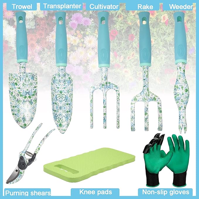 Garden Tool Set 9 Piece Aluminum Alloy Gardening Hand Tools Kit Gift for Women & Parent Gardening Supplies with Gloves,Tote,Kneeling Pad,Hand Pruner,Trowel,Hand Rake,Weeder,Fork,Transplanter