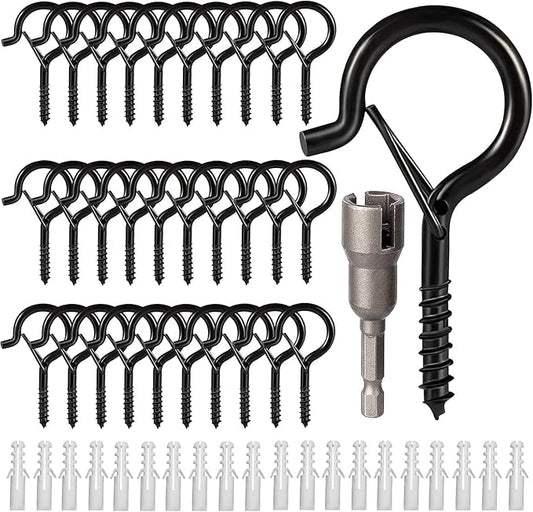 Hooks for Outdoor String Lights, Ceiling Screw Hooks with Safety Buckle Design for Hanging Plants Christmas Lights Party Led Wind Chimes, Black Q Hanger with Wing Nut Driver, 30 Pack