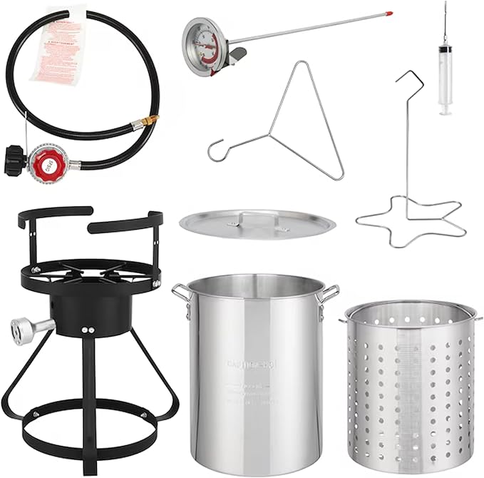 Red Mountain Valley 30Qt Turkey Fryer with Propane Burners for Outdoor Cooking, Aluminum Turkey Fryer Pot Basket, Propane Deep Fryer, Seafood Boil with Spigot,Timer, Marinade Injector, Turkey Rack
