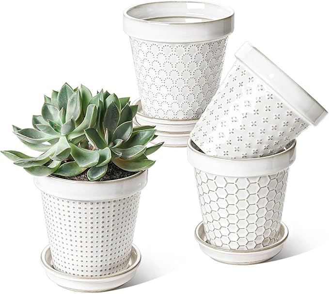 LE TAUCI Ceramic Plant Pots, 4.9 Inch Flower Pots with Drainage Hole & Saucer, Embossed Planter Pots for Indoor Plant Succulent, Orchid, Cactus, Home Decor - Set of 4, Arctic White