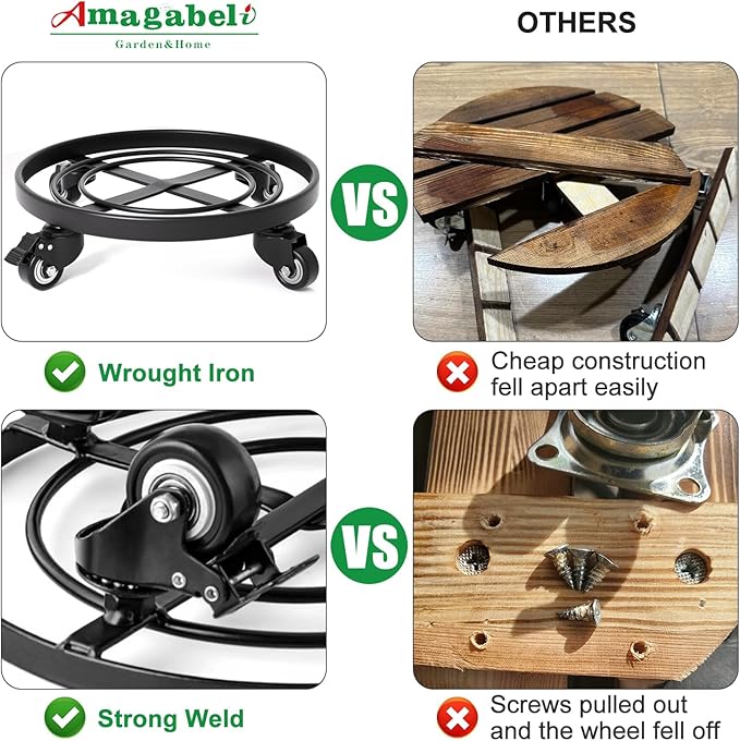 AMAGABELI GARDEN & HOME 16" Metal Plant Caddy Heavy Duty Iron Potted Plant Stand with Wheels Round Flower Pot Rack on Roller Dolly Holder Mover Indoor Outdoor Planter Trolley Casters Brakes BG1721