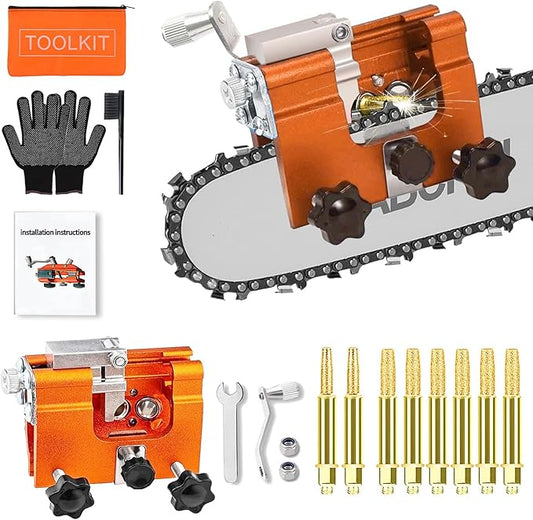 Chainsaw Sharpening Jig, Portable Hand Chain Saw Sharpener Tool with 8 Titanium-Plated Bits, Gloves, Storage Bag & Brush, Chainsaw Sharpener, Chainsaw Sharpener Kit for 4"-22" Chainsaw & Electric Saws