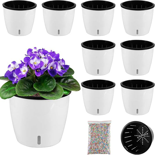 Planterhoma 6.7 Inch Self Watering Pots for Indoor Plants, 8 Packs White African Violet Pots with Water Indicator and Black Wick Pots, Self Watering Planters for Devil's Ivy, Indoor Plant Pots